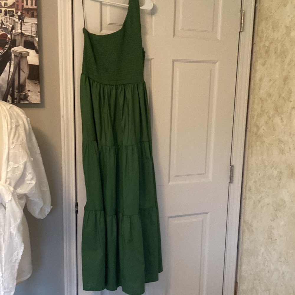 Green One-Shoulder Smocked Bodice Dress